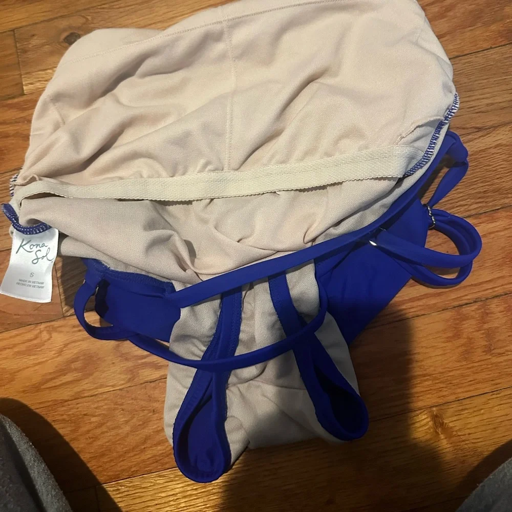 Kona Sol One‎ Piece Swimsuit Blue Small High Neck Strappy Back Missing Pads